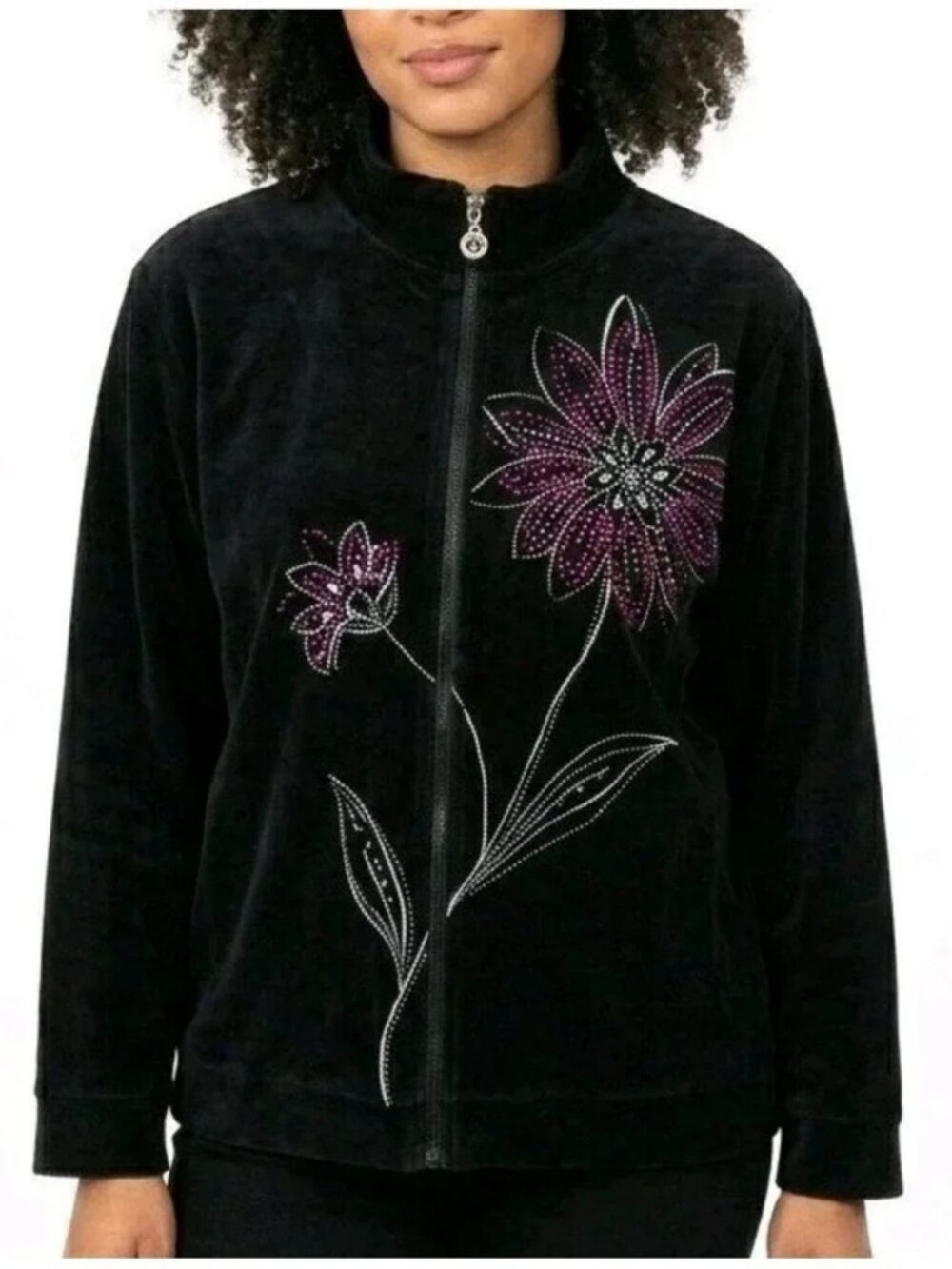 Alfred Dunner Rhinestone Floral Velour Zip-Up Jacket Plus Size 18W Embellished